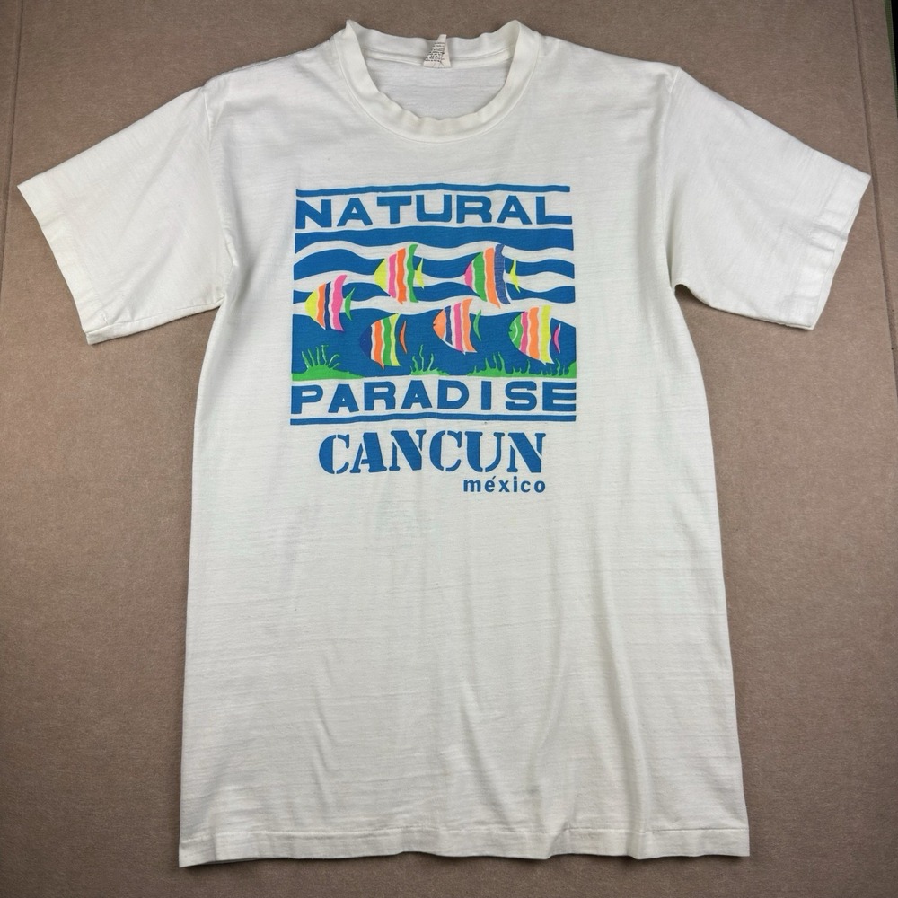 Vintage‎ Cancun T-Shirt Men L White Natural Paradise Fish Graphic Mexico USA